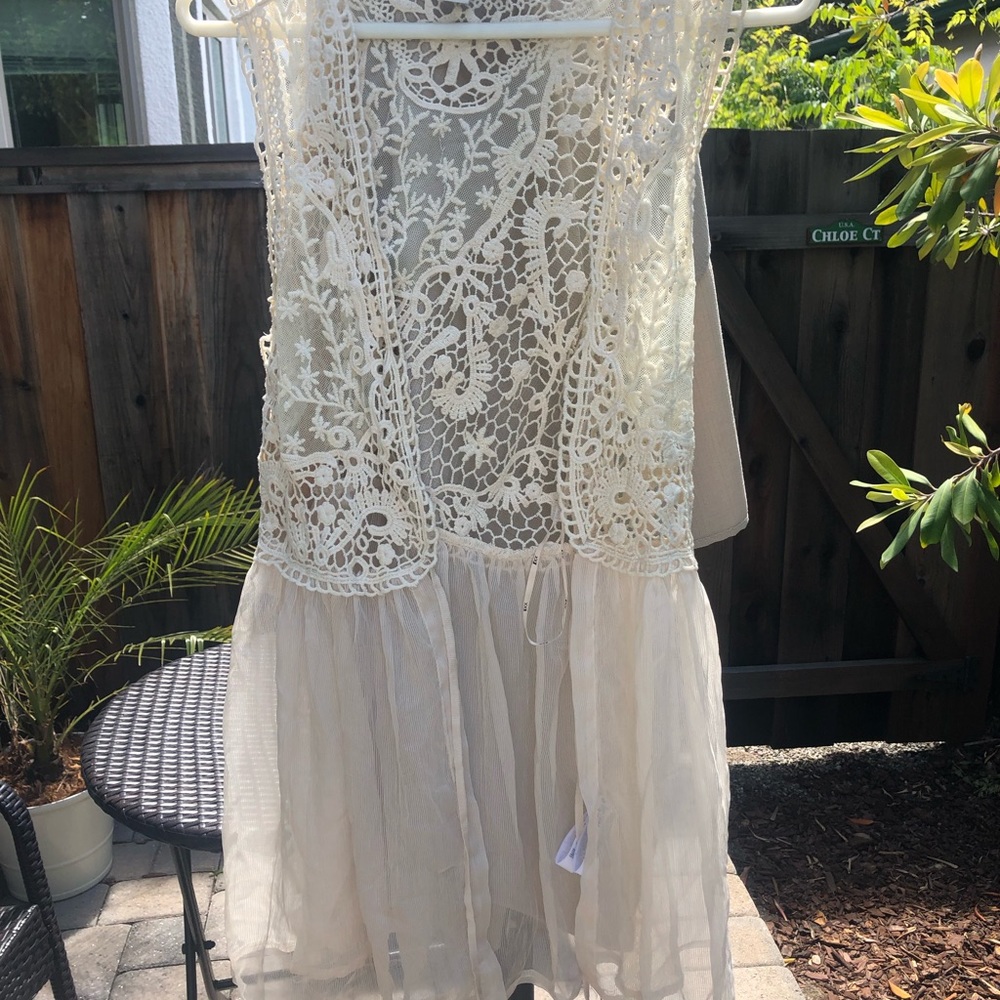 Beige ivory Lace sheer dress, sleeveless Bohemian